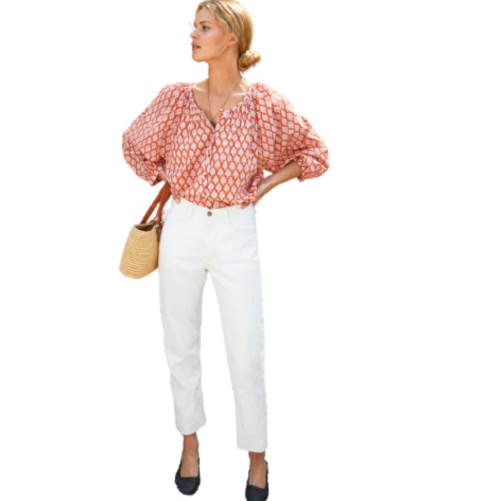 Emerson Fry Frances Blouse Top Shirt Womens Large Orange Gigi Print Button Down